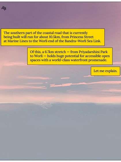 This comic panel explains the potential of a 6.7km stretch of the Coastal Road to become an accessible open space with a world-class waterfront promenade. We see opportunity where others see only infrastructure.