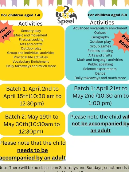 Here is all the essential information for our upcoming summer camps. We have structured our batches by age group to ensure activities are perfectly suited for your child's developmental stage. You can see the schedule, pricing, and a list of activities we offer for both the 1-4 and 5-8 year old groups.