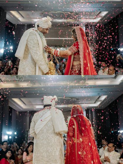 A collage of the Varmala ceremony, capturing the shower of petals and the couple's joyful expressions as they are officially united.