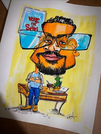 A custom caricature for a corporate client. I included details like his desk, laptop, and even a little turtle to match his work vibe.