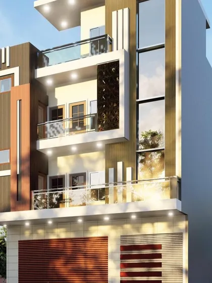 This narrow-lot home design maximizes vertical space while maintaining a modern aesthetic. The facade uses a mix of materials and features multiple balconies with glass railings, providing private outdoor space for each level.