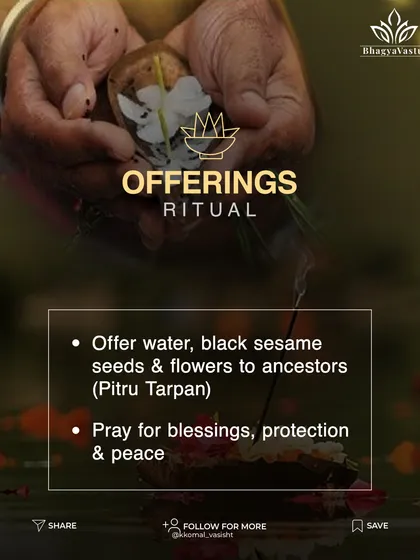 The offering ritual for Amavasya. A key practice on Amavasya is Pitru Tarpan. This visual guide shows the simple ritual of offering water, black sesame seeds, and flowers to your ancestors to pray for their peace and receive their blessings and protection.