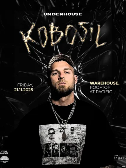 A poster for a hard techno night featuring Kobosil at a warehouse rooftop venue.