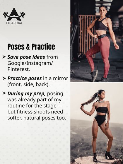 Practice your poses. Save ideas from Instagram and practice in front of a mirror. Photoshoot poses are often softer and more natural than competitive stage posing, so it's important to practice both.