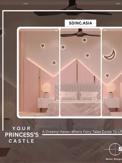A dreamy bedroom design for a daughter's "princess castle." The room features a pink color scheme with star and moon wall lights, creating a fairy tale-like ambiance.