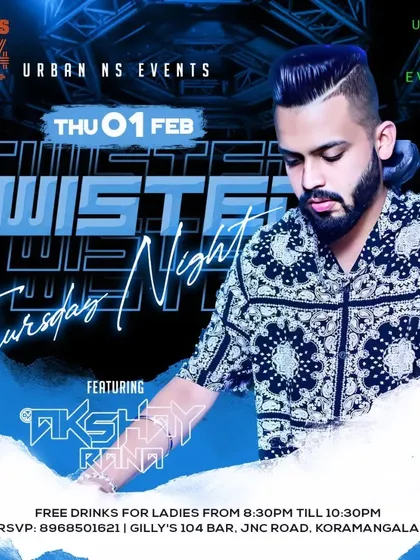 A poster for "Twisted Thursdays" at Gilly's 104, a night of the best Bollywood and Punjabi music to get you ready for the weekend.