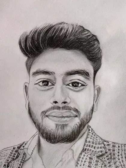 A commissioned portrait with a focus on the patterned jacket and facial hair, all rendered in detailed graphite.