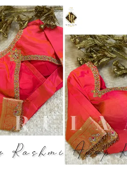 A lovely peach-colored blouse with a criss-cross back design. The saree's zari border is used on the sleeves, which are finished with small, delicate butis.