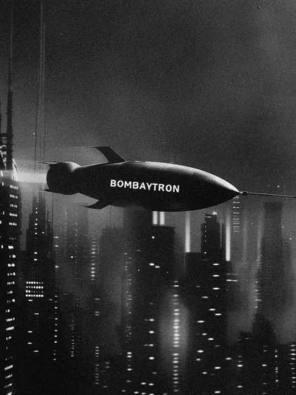 A sleek, bomb-shaped vessel flies over the art-deco-inspired cityscape of 'Bombaytron'. This series is my homage to black-and-white film noir and retro-futuristic aesthetics.