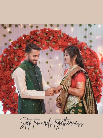 A wider view of the ring ceremony, capturing the couple's interaction as they take a step towards togetherness. This shows the moment within the larger context of their celebration.