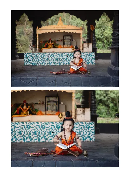 Two portraits of our little Ram reading the scriptures in front of a temple set, showcasing his focused and innocent expressions.