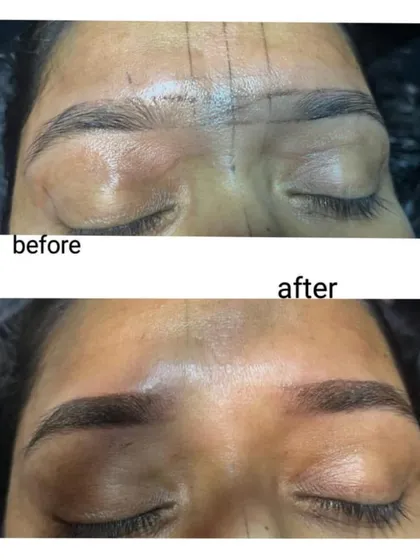 A clear example of the results our students learn to create. This before and after showcases a brow transformation, with the 'after' image showing perfectly shaped, filled, and defined brows. This is the level of artistry we teach in our permanent makeup courses.