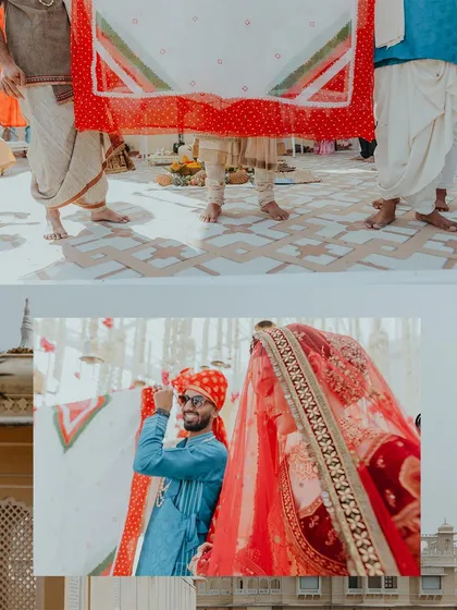 The 'Antarpat' ritual at a Rajasthani wedding, a moment of playful anticipation before the big reveal.