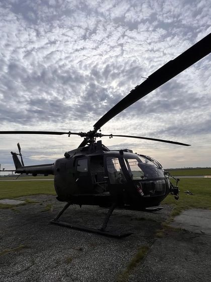 A beautiful shot of the helicopter against a dramatic sky. This machine was a key element in some of the film's biggest action sequences.