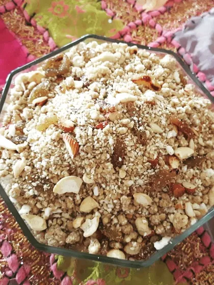 My desi superfood granola crunch is a winter specialty. It's a mix of sesame, foxnuts (makhana), nuts, and raisins, sweetened with jaggery for a calcium-rich, sugar-free snack.