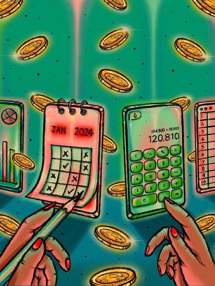 An editorial illustration for AARP's 'Sisters' newsletter about managing a side hustle. The artwork visualizes productivity tools like calendars and calculators to represent flowing revenue streams.