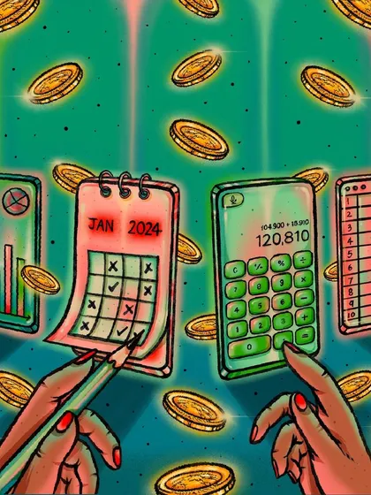 An editorial illustration for AARP's 'Sisters' newsletter about managing a side hustle. The artwork visualizes productivity tools like calendars and calculators to represent flowing revenue streams.