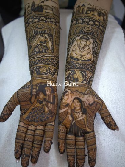 A full storytelling design featuring Ganesha for blessings, a bride in a doli (palanquin), and portraits of the bride with her family, capturing the emotional journey of a wedding.