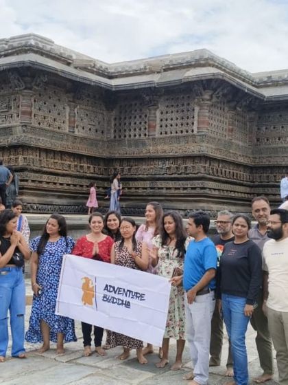 The Adventure Buddha tribe at the Chennakesava Temple in Belur, marveling at the intricate carvings and rich history.