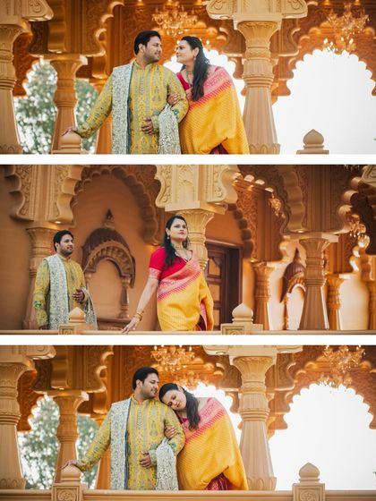 Dressed in elegant ethnic wear, this couple's pre-wedding shoot at a heritage location combines tradition with grandeur. The intricate architecture provides a timeless backdrop for their portraits.