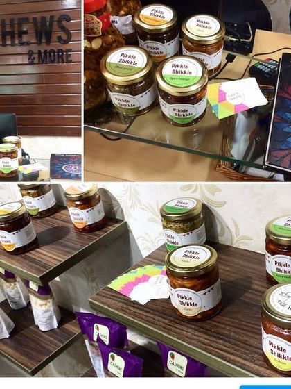 A collage celebrating 5 years of Pikkle Shikkle, showing our products in stores.