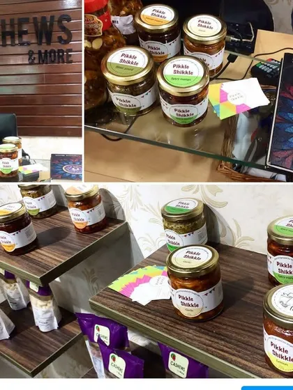 A collage celebrating 5 years of Pikkle Shikkle, showing our products in stores.