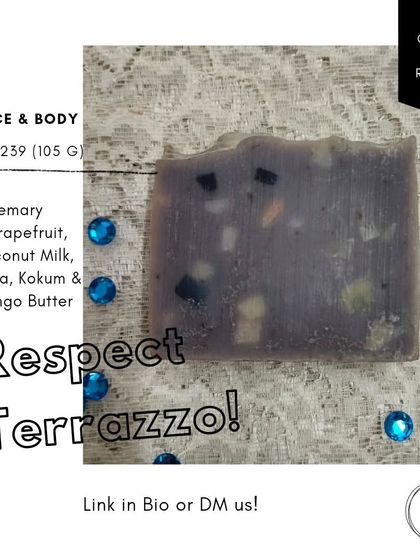 This is my 'Respect Terrazzo' soap, made with small soap scraps from other batches to reduce waste. It's a beautiful, eco-conscious bar with a refreshing Rosemary and Grapefruit scent.