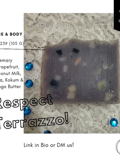 My Respect Terrazzo soap, made with scraps of other soap batches for a beautiful, mosaic-like effect. It's scented with Rosemary and Grapefruit.