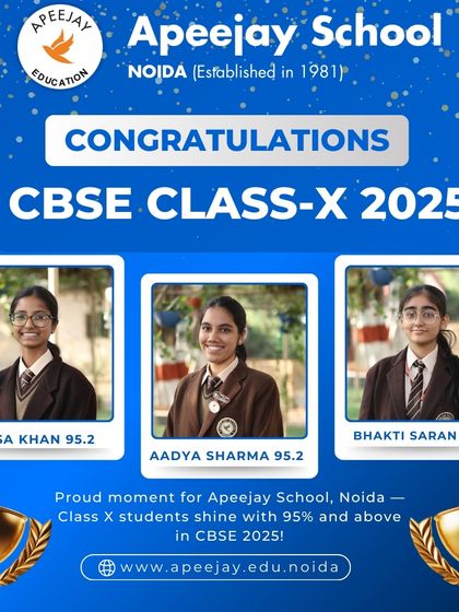 Heartfelt congratulations to Maysa Khan (95.2%), Aadya Sharma (95.2%), and Bhakti Saran (95.2%) for their brilliant scores in the Class 10 CBSE results.