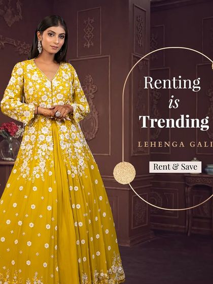 Renting is trending! This bright yellow anarkali-style gown with white floral embroidery is a cheerful and elegant choice for a Haldi ceremony.