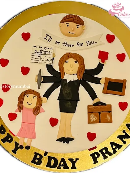 A cake celebrating a multi-tasking woman. This design features a central figure juggling work, family, and personal life, making it a perfect tribute for a working mom or any superwoman.