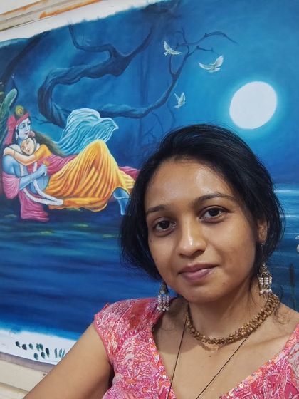 Another selfie with the moonlight painting. The soft light in my studio and the serene scene on the canvas make for a peaceful evening of work.