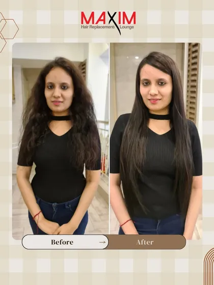 A side-by-side comparison showing the journey from frizzy and undefined to sleek and sophisticated. The added length and volume from the extensions give her a completely new and confident look.