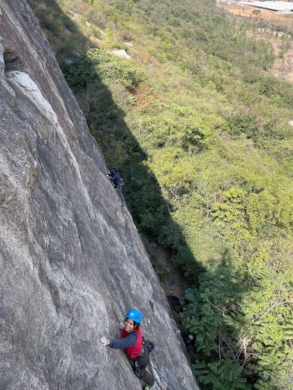 Another perspective of the climbing at Varlakonda, showing the height and exposure of the routes.