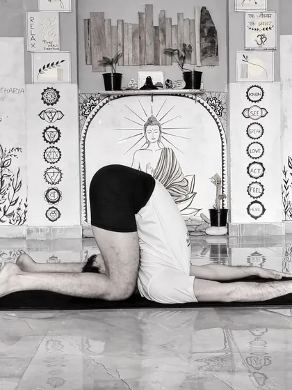 Co-founder Nishant Sir demonstrates Halasana, or Plough Pose, an advanced asana that calms the nervous system and stretches the spine and shoulders. This level of practice reflects the deep knowledge and dedication our faculty brings to every class.