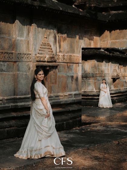 A creative portrait of the bride-to-be in her beautiful white lehenga, using an inset frame to show both a full-length and a three-quarter view.