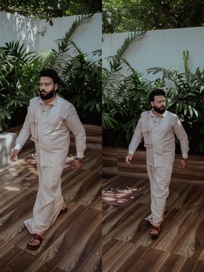 A collage of a groom in a traditional panche, showcasing his confident and stylish walk.