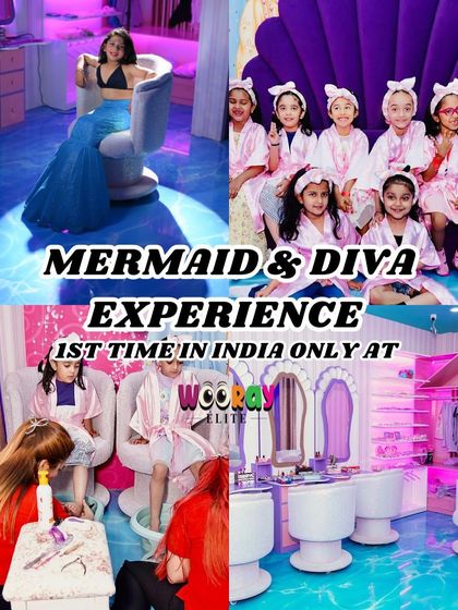 A collage showcasing our premier experiences for girls. We offer both the magical 'Mermaids of Wooray' transformation and the pampering 'Divas of Wooray' spa party, both firsts in India.