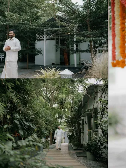 A collage showing the groom waiting and walking through the venue. The images highlight the beautiful pathways and architecture that serve as a backdrop for the wedding day story.