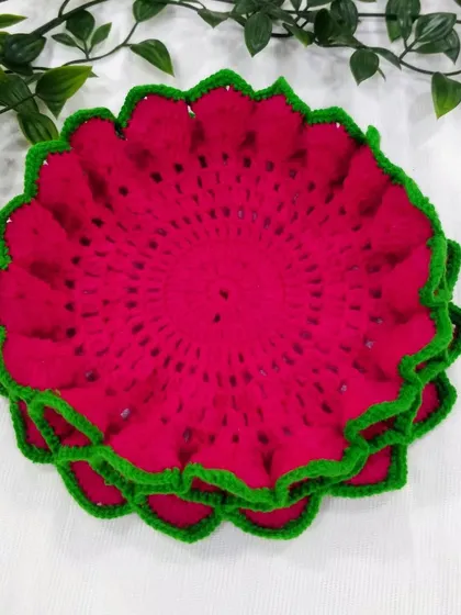 This is the pink and green version of my lotus doily, stacked to show the depth of the petals. It is made with a 4-inch base, ideal for small idols.