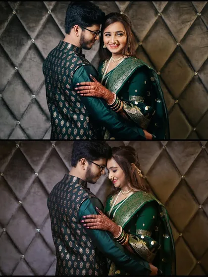 A set of two romantic portraits of the couple. The top image shows their happy connection, while the bottom one is a more intimate moment with foreheads touching.