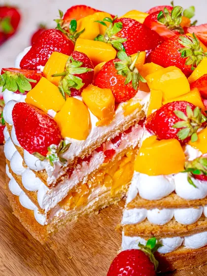 The best of the season on one plate. This cake features a light, egg-free vanilla sponge layered with softly whipped cream, fresh mangoes, and juicy strawberries. It’s a fleeting combination available only when the seasons overlap.