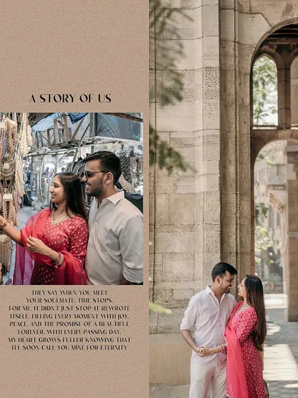 This collage tells a story of exploring Mumbai together, from browsing in a local market to a quiet moment by the Gateway of India. It’s a perfect narrative of a couple's pre-wedding journey in the city.