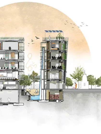 A sectional drawing of the Chinmaya Mission Gurudham project. This illustration shows how we integrate passive architectural principles from the very start, using shading, natural light, insulation, and features like a 'kund' (water body) and 'Aakash Chowk' (courtyard) to create harmony with nature.