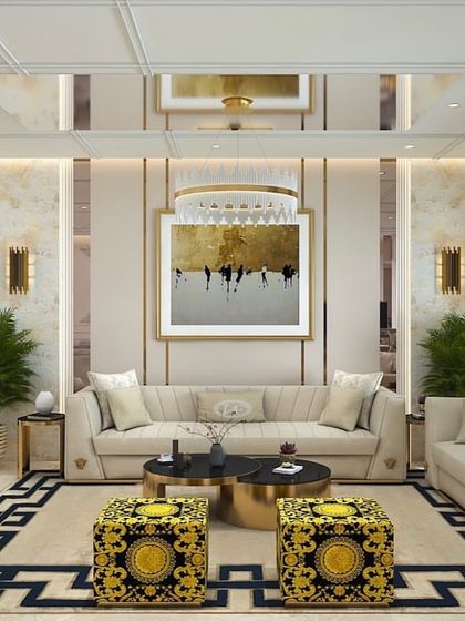 A closer look at the Versace-themed living room, highlighting the luxurious textures, gold accents, and the iconic Medusa motif on the ottomans and decor.