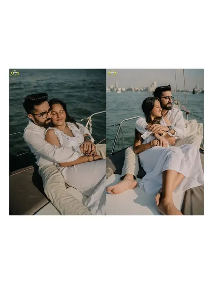 A collage showing different angles of a couple relaxing on a yacht in Mumbai, capturing both posed and in-between moments.