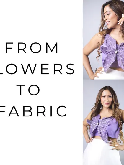 Our philosophy is to transform natural inspirations, like flowers, into fabric creations. This graphic showcases the unique, structured floral top of one of our modern lehenga sets.