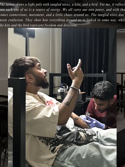 "The tattoo shows a light pole with tangled wires, a kite, and a bird... it reflects how each one of us is a source of energy." Sammohit explains the deep, personal symbolism behind his abstract piece.