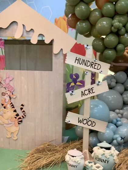 A close-up of the "Hundred Acre Wood" signpost and a charming little house, part of the detailed scenery for Kabir's first birthday.