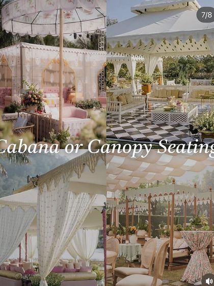This moodboard explores 'Cabana or Canopy Seating' options, ideal for creating intimate and stylish lounge areas at outdoor events.